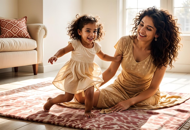 A Indian woman and a child are sitting on a rug and smiling