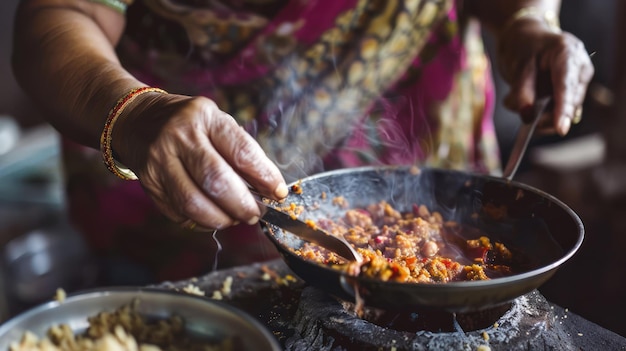 Photo indian woman cooking a dish on a stove