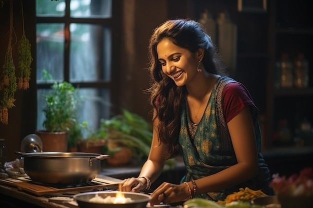 Indian woman cooking in kitchen at home she is wearing saree