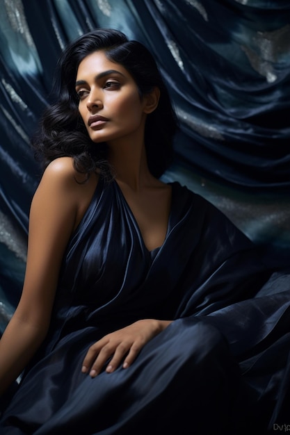 Indian Woman Draped in Dark Navy Saree