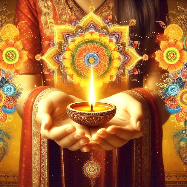 Indian woman holding Diwali oil lamp