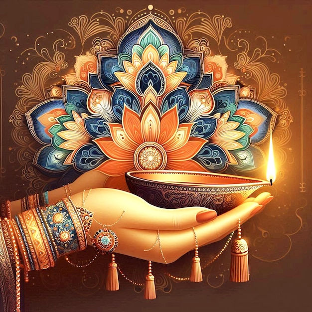 Indian woman holding Diwali oil lamp