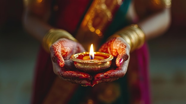 Photo indian woman holding diya oil lamp celebrating diwali festival