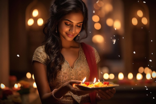 Indian woman holding diya or oil lamp in hand diwali festival concept