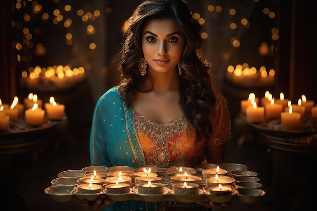 Indian woman holding diya or oil lamp in hand diwali festival concept