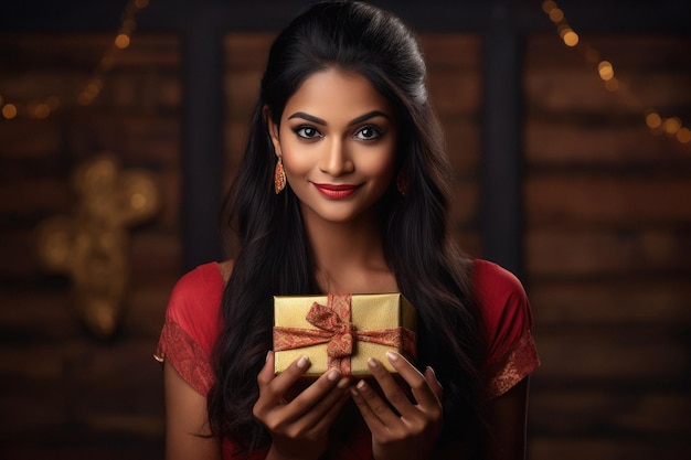 Indian Woman Holding Gift Box in Hand