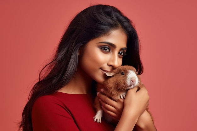 Photo indian woman hugging guinea pig pet portrait looking