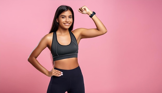 Indian woman is showing her muscles and wearing a black sports bra