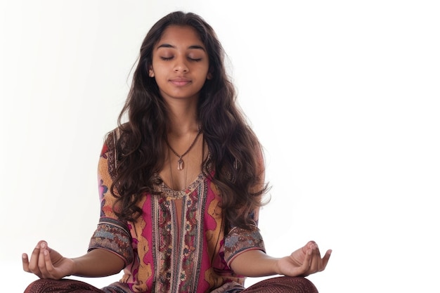 Indian woman meditating in yoga pose on white background