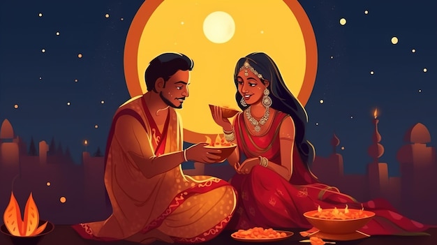 Indian woman performing Hindu married festival ritual of Karwa Cahuth looking moon through sieveillustration