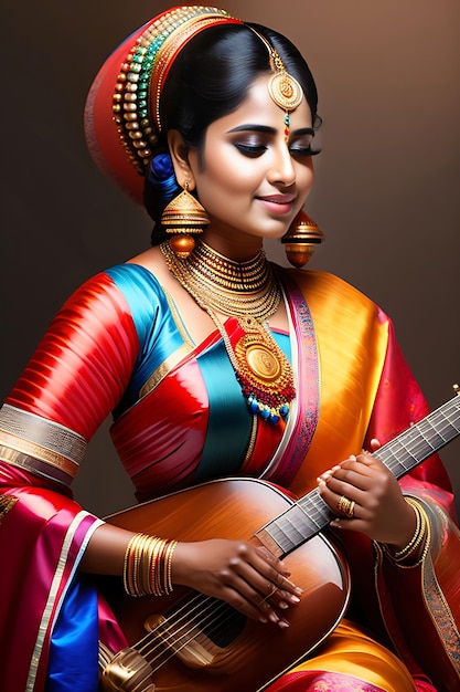 A Indian woman playing a guitar with in Indian Traditional Dress