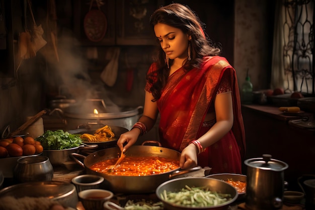 Indian woman preparing a traditional curry