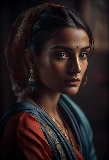 An Indian woman in a red sari with a gold necklace and a red sari left profile