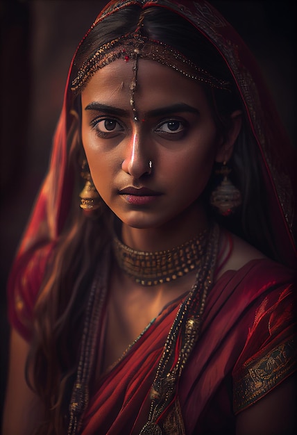 An Indian woman in a red sari with a gold necklace and a red sari