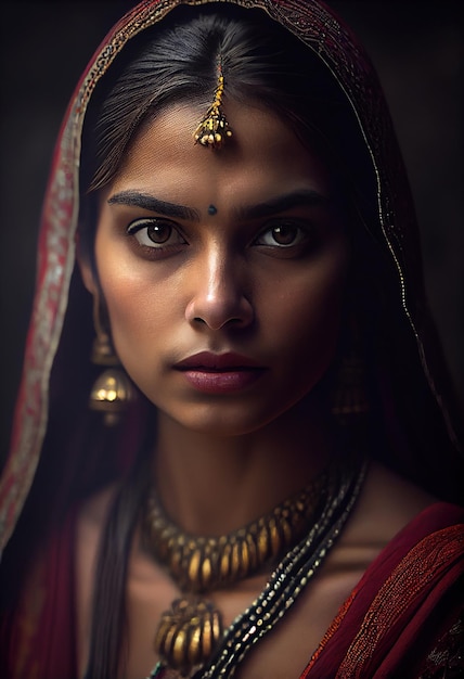 An Indian woman in a red sari with a gold necklace and a red sari