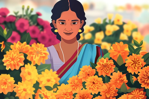 Indian woman selling flowers at a market background