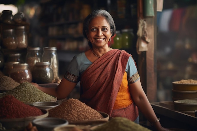 Indian woman selling spices at local market