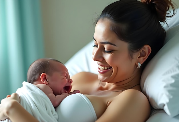 Photo an indian woman smiles as she looks at her newborn baby