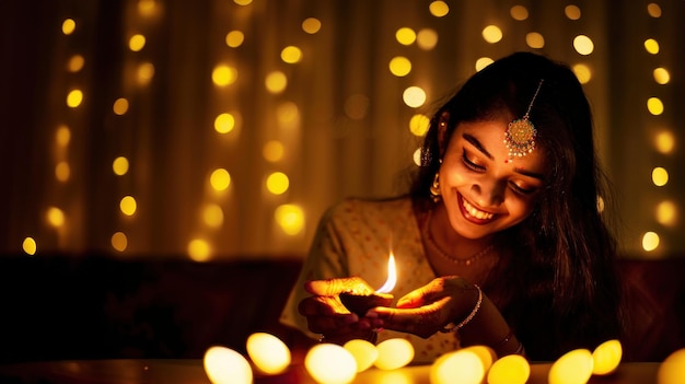 Photo indian woman smiling lighting oil lamp during diwali celebration home with beautiful blurred background