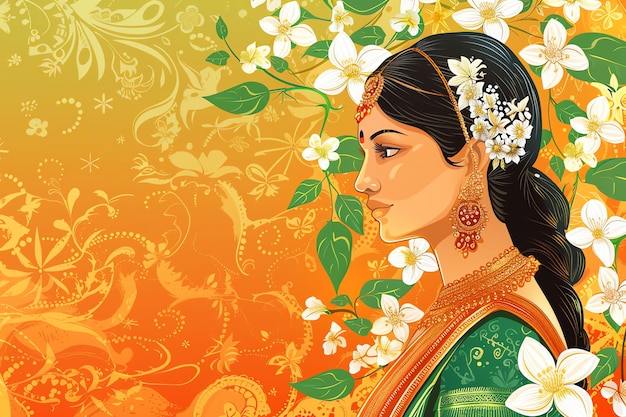 Indian woman in traditional attire with jasmine flowers in her hair background