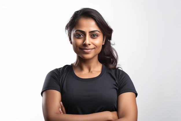 indian woman with crossed arms on white background