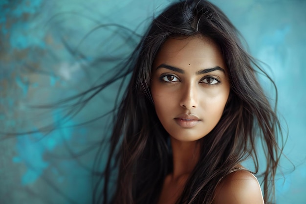 Indian woman with long hair looking at camera against a soft blue background