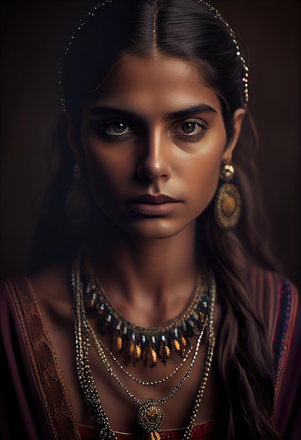 An Indian woman with a necklace and earrings