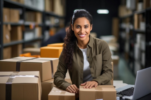 Indian woman working in shipping office keeping records of packing boxes in warehouse