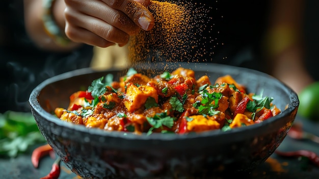 Photo indian womans hand sprinkling masala powder