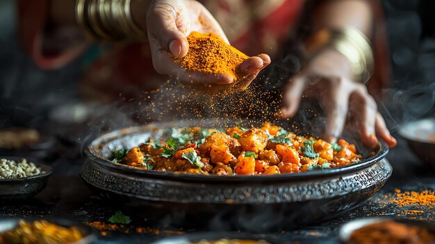 Photo indian womans hand sprinkling masala