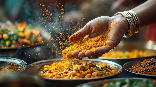 Photo indian womans hand sprinkling masala