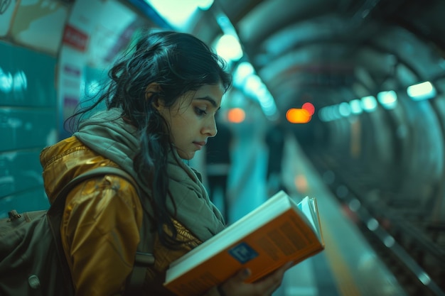 Photo indian women engrossed in reading books while waiting on subway platform