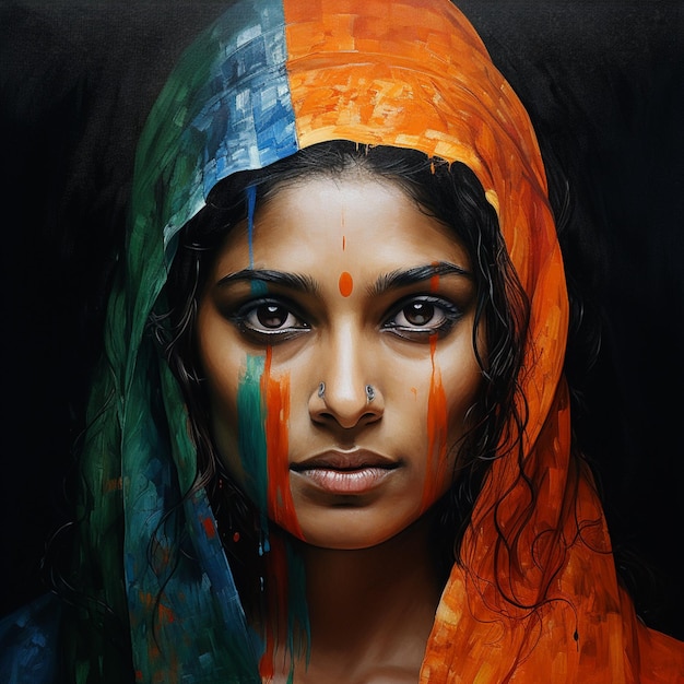 Indian women flag color oil painting