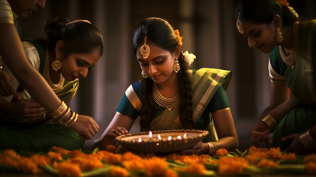 Indian women making flower carpet Onam festival Generative AI 2