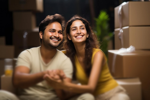 Indian young couple relaxing while shifting or unpacking home sitting between packaging boxes