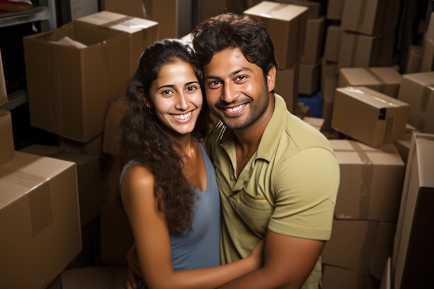 Indian young couple relaxing while shifting or unpacking home sitting between packaging boxes