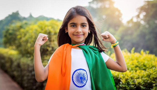 Indian young girl wearing a green and white scarf with the national flag on it