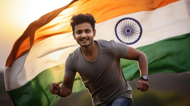 Indian young man running against waving Indian national flag