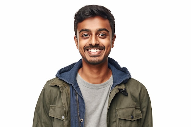 Indian young man smiling with casual clothes on white background