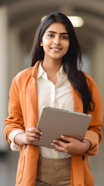 An Indian young woman in an orange jacket holds a clipboard and smiles