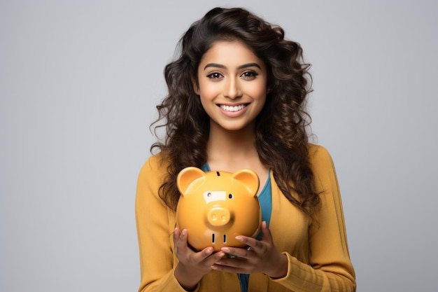 indian young woman with piggy bank