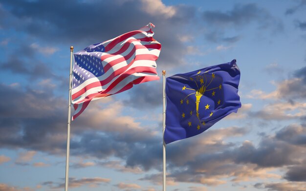 Indiana US State Flags at sky background. 3D artwork