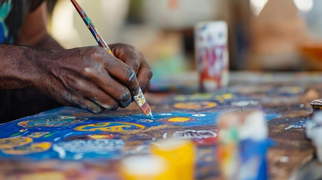 An indigenous artist at work painting traditional symbols and patterns on canvas reflecting the essence and stories of their culture