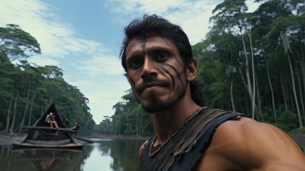 Photo indigenous man from amazonas taking a selfie