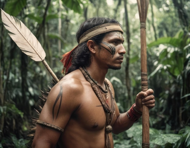 Indigenous Man Holding a Spear in Lush Jungle Rainforest Generative AI