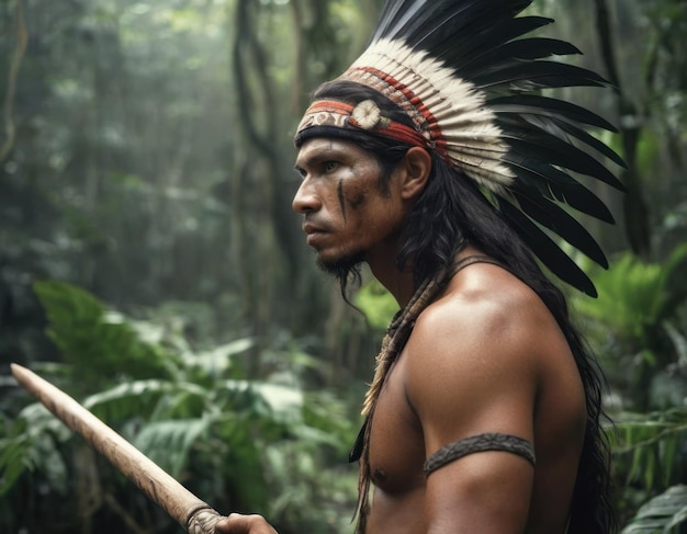 Indigenous Man in Traditional Headdress Stands in Rainforest Generative AI