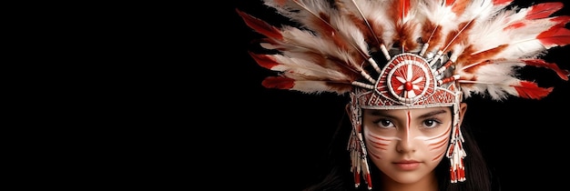 Indigenous woman wearing traditional feathered headdress