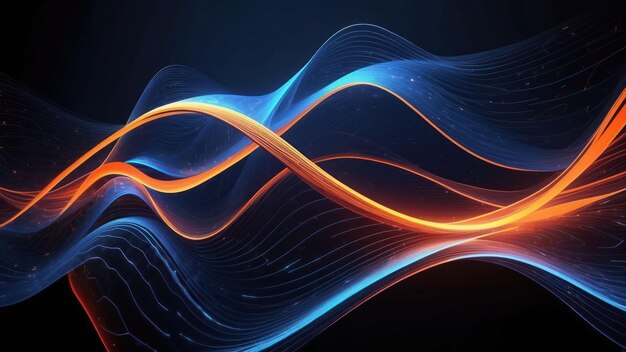 Indigo and bright orange futuristic virtual reality waves in a digital abstract landscape