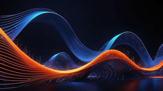 Indigo and bright orange futuristic virtual reality waves in a digital abstract landscape