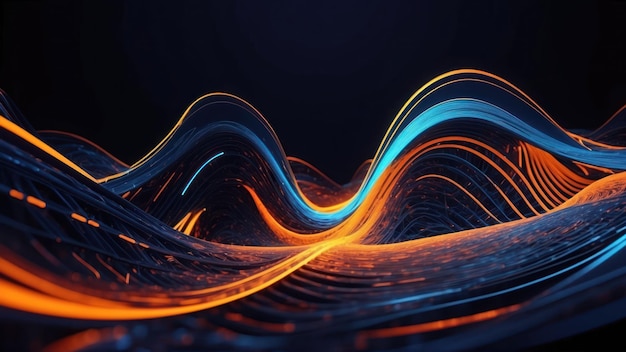 Indigo and bright orange futuristic virtual reality waves in a digital abstract landscape